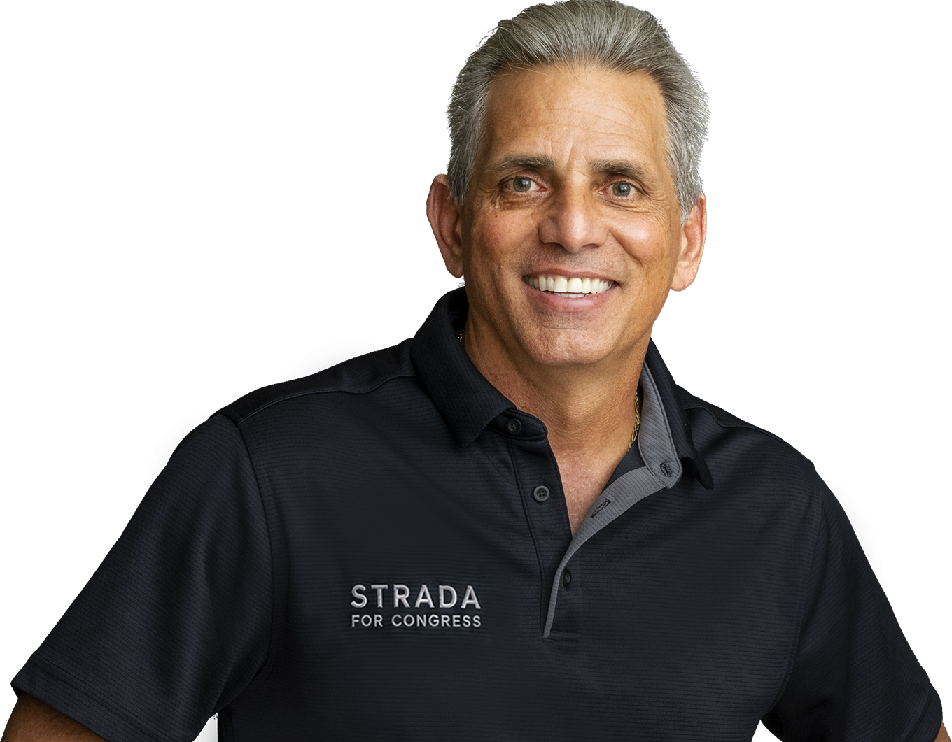 Joe Strada smiling in a dark Strada for Congress polo